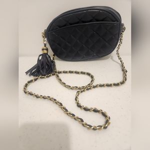 Navy Blue Faux Leather Quilted Crossbody Gold Chain